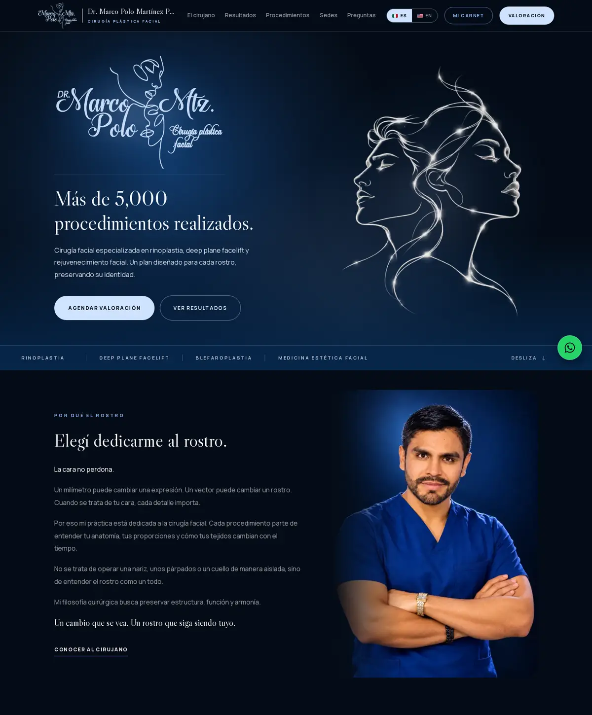 Portada del sitio del Dr. Marco Polo Martínez: fondo azul profundo, logotipo y una ilustración de dos rostros